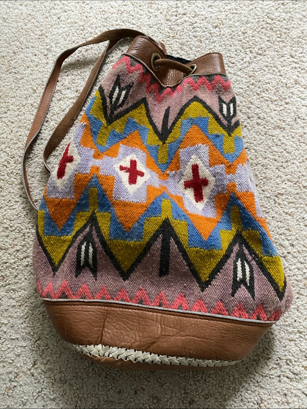 Trish Hunter Wool Kilim/Leather Bucket Bag.